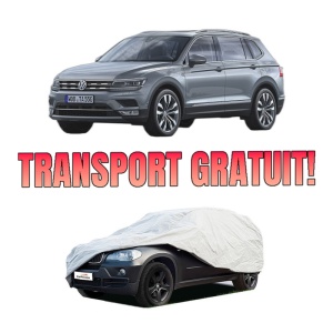 Husa tip prelata auto Volskwagen TIGUAN ALLSPACE (BW2, BJ2) din 2017-2021, Culoare Gri, material textil impermeabil, rezistanta la intemperii praf UV, CARPASSION Husa Protectie, 4 Stickere auto cu Volskwagen