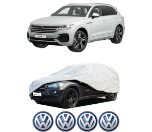 Husa tip prelata auto Volskwagen TOUAREG (CR7, RC8) din 2017-2023, Culoare Gri, material textil impermeabil, rezistanta la intemperii praf UV, CARPASSION Husa Protectie, 4 Stickere auto cu Volskwagen - Img 2