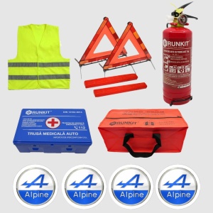Kit siguranta auto Cri-Flo, Omologat R.A.R, Valabilitate 5 ani, 1x Trusa Prim Ajutor, 2 x Triunghiuri, 1x Stingator tip Spray, 1x Vesta reflectorizanta, Geanta pentru depozitare, 4 Stickere auto cu Alpine - Img 2