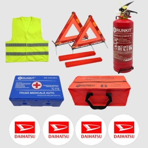 Kit siguranta auto Cri-Flo, Omologat R.A.R, Valabilitate 5 ani, 1x Trusa Prim Ajutor, 2 x Triunghiuri, 1x Stingator tip Spray, 1x Vesta reflectorizanta, Geanta pentru depozitare, 4 Stickere auto cu Daihatsu - Img 2