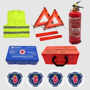 Kit siguranta auto Cri-Flo, Omologat R.A.R, Valabilitate 5 ani, 1x Trusa Prim Ajutor, 2 x Triunghiuri, 1x Stingator tip Spray, 1x Vesta reflectorizanta, Geanta pentru depozitare, 4 Stickere auto cu Scania - Img 2