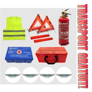 Kit siguranta auto Cri-Flo, Omologat R.A.R, Valabilitate 5 ani, 1x Trusa Prim Ajutor, 2 x Triunghiuri, 1x Stingator tip Spray, 1x Vesta reflectorizanta, Geanta pentru depozitare, 4 Stickere auto cu Aston-Martin