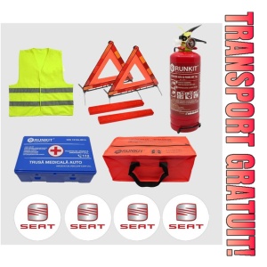 Kit siguranta auto Cri-Flo, Omologat R.A.R, Valabilitate 5 ani, 1x Trusa Prim Ajutor, 2 x Triunghiuri, 1x Stingator tip Spray, 1x Vesta reflectorizanta, Geanta pentru depozitare, 4 Stickere auto cu Seat