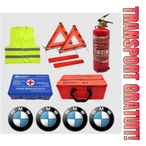 Kit siguranta auto Cri-Flo, Omologat R.A.R, Valabilitate 5 ani, 1x Trusa Prim Ajutor, 2 x Triunghiuri, 1x Stingator tip Spray, 1x Vesta reflectorizanta, Geanta pentru depozitare, 4 Stickere auto cu Bmw