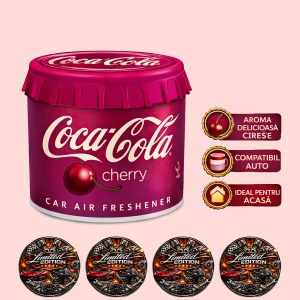 Odorizant Auto 3D Coca Cola Cherry, Tip conserva, Cupholder, Parfum Intens și Persistent, Design Realist, Vegan Friendly, ideal pentru masina birou casa, 4x Stickere auto