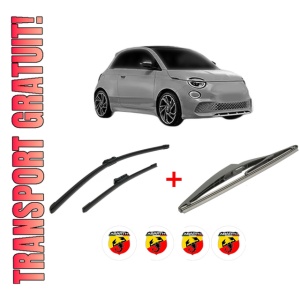 Set 3 stergatoare ABARTH 500E Convertible (332_) din 2023, pentru parbriz si luneta fata si spate auto, Bosch Twin, din cauciuc siliconat rezistent, 4 Stickere Auto ABARTH