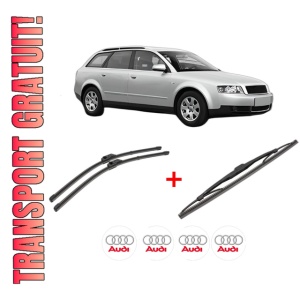 Set 3 stergatoare AUDI A4 B6 Avant (8E5) din 2001 - 2004, pentru parbriz si luneta fata si spate auto, Valeo Silencio, din cauciuc siliconat rezistent, 4 Stickere Auto AUDI