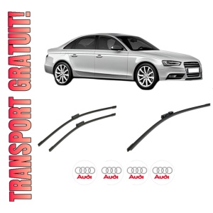 Set 3 stergatoare AUDI A4 B8 (8K2) din 2008-2015, pentru parbriz si luneta fata si spate auto, Bosch Aerotwin-Aerotwin, din cauciuc siliconat rezistent, 4 Stickere Auto AUDI