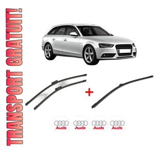 Set 3 stergatoare AUDI A4 B8 Avant (8K5) din 2007 - 2015, pentru parbriz si luneta fata si spate auto, Bosch Aerotwin, din cauciuc siliconat rezistent, 4 Stickere Auto AUDI