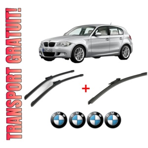 Set 3 stergatoare BMW Seria 1 (E81) din 2006 - 2012, pentru parbriz si luneta fata si spate auto, Bosch Aerotwin, din cauciuc siliconat rezistent, 4 Stickere Auto BMW