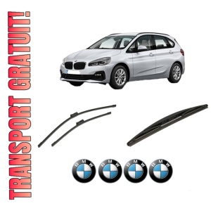 Set 3 stergatoare BMW Seria 2 Active Tourer Van (F45) din 2014-2021, pentru parbriz si luneta fata si spate auto, Bosch Twin-Aerotwin, din cauciuc siliconat rezistent, 4 Stickere Auto BMW