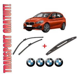Set 3 stergatoare BMW Seria 2 Gran Tourer (F46) din 2014 - 2018, pentru parbriz si luneta fata si spate auto, Valeo Silencio, din cauciuc siliconat rezistent, 4 Stickere Auto BMW