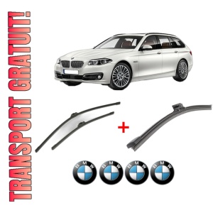 Set 3 stergatoare BMW Seria 5 Touring (F11) din 2009 - 2017, pentru parbriz si luneta fata si spate auto, Bosch Aerotwin, din cauciuc siliconat rezistent, 4 Stickere Auto BMW