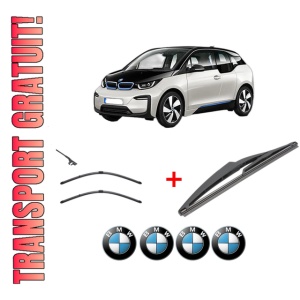 Set 3 stergatoare BMW Seria i3 (I01) din 2013, pentru parbriz si luneta fata si spate auto, Valeo Silencio, din cauciuc siliconat rezistent, 4 Stickere Auto BMW
