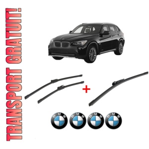 Set 3 stergatoare BMW Seria X1 (E84) din 2009 - 2015, pentru parbriz si luneta fata si spate auto, Bosch Aerotwin, din cauciuc siliconat rezistent, 4 Stickere Auto BMW