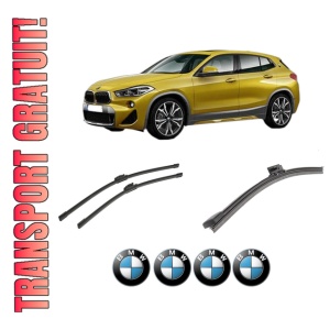 Set 3 stergatoare BMW Seria X2 (F39) din 2017-2023, pentru parbriz si luneta fata si spate auto, Bosch Aerotwin-Aerotwin, din cauciuc siliconat rezistent, 4 Stickere Auto BMW