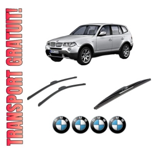 Set 3 stergatoare BMW Seria X3 (E83) din 2003-2011, pentru parbriz si luneta fata si spate auto, Bosch Twin-Aerotwin Retrofit, din cauciuc siliconat rezistent, 4 Stickere Auto BMW