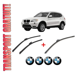 Set 3 stergatoare BMW Seria X3 (F25) din 2010 - 2017, pentru parbriz si luneta fata si spate auto, Bosch Aerotwin, din cauciuc siliconat rezistent, 4 Stickere Auto BMW
