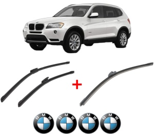 Set 3 stergatoare BMW Seria X3 (F25) din 2010 - 2017, pentru parbriz si luneta fata si spate auto, Bosch Aerotwin, din cauciuc siliconat rezistent, 4 Stickere Auto BMW v7265