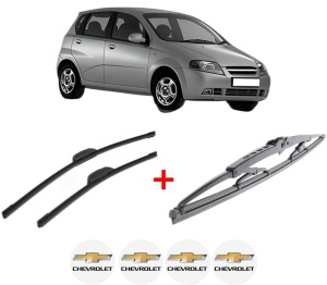 Set 3 stergatoare CHEVROLET AVEO / KALOS Hatchback (T200) din 2003 - 2008, pentru parbriz si luneta fata si spate auto, Bosch Twin, din cauciuc siliconat rezistent, 4 Stickere Auto CHEVROLET v11759