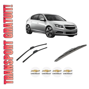 Set 3 stergatoare CHEVROLET CRUZE Hatchback (J305) din 2011-2015, pentru parbriz si luneta fata si spate auto, Bosch Twin-Aerotwin Retrofit, din cauciuc siliconat rezistent, 4 Stickere Auto CHEVROLET