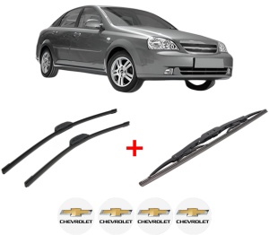 Set 3 stergatoare CHEVROLET LACETTI (J200) din 2005 - 2013, pentru parbriz si luneta fata si spate auto, Bosch Twin, din cauciuc siliconat rezistent, 4 Stickere Auto CHEVROLET v9725