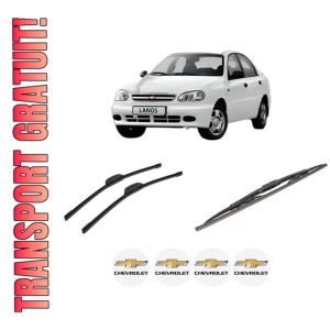 Set 3 stergatoare CHEVROLET LANOS Saloon din 2005-2018, pentru parbriz si luneta fata si spate auto, Bosch Twin-Aerotwin Retrofit, din cauciuc siliconat rezistent, 4 Stickere Auto CHEVROLET