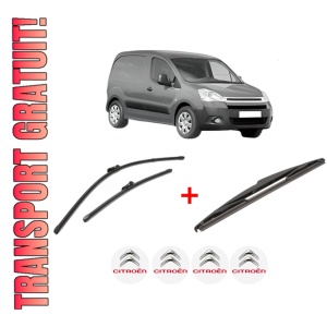 Set 3 stergatoare CITROEN BERLINGO Box Body/MPV (B9) din 2008 - 2021, pentru parbriz si luneta fata si spate auto, Valeo Silencio, din cauciuc siliconat rezistent, 4 Stickere Auto CITROEN