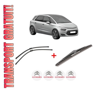 Set 3 stergatoare CITROEN C4 GRAND PICASSO II (DA_, DE_) din 2013 - 2018, pentru parbriz si luneta fata si spate auto, Bosch Twin, din cauciuc siliconat rezistent, 4 Stickere Auto CITROEN