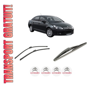 Set 3 stergatoare CITROEN C4 I Saloon din 2006-2013, pentru parbriz si luneta fata si spate auto, Bosch Twin-Aerotwin, din cauciuc siliconat rezistent, 4 Stickere Auto CITROEN