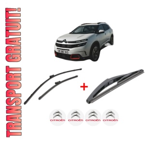 Set 3 stergatoare CITROEN C5 AIRCROSS (A_) din 2018, pentru parbriz si luneta fata si spate auto, Valeo Silencio, din cauciuc siliconat rezistent, 4 Stickere Auto CITROEN
