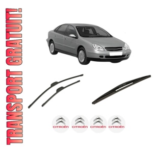 Set 3 stergatoare CITROEN C5 I (DC_) din 2001-2004, pentru parbriz si luneta fata si spate auto, Bosch Twin-Aerotwin Retrofit, din cauciuc siliconat rezistent, 4 Stickere Auto CITROEN