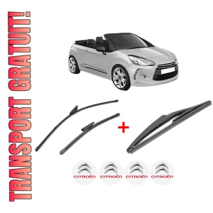 Set 3 stergatoare CITROEN DS3 Convertible din 2013 - 2015, pentru parbriz si luneta fata si spate auto, Valeo Silencio, din cauciuc siliconat rezistent, 4 Stickere Auto CITROEN