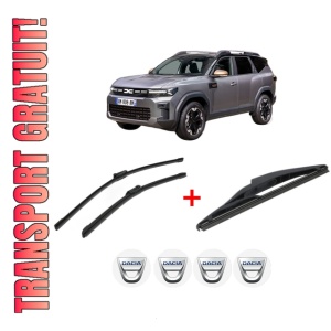 Set 3 stergatoare DACIA BIGSTER din 2024, pentru parbriz si luneta fata si spate auto, Bosch Twin, din cauciuc siliconat rezistent, 4 Stickere Auto DACIA