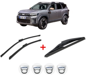 Set 3 stergatoare DACIA BIGSTER din 2024, pentru parbriz si luneta fata si spate auto, Bosch Twin, din cauciuc siliconat rezistent, 4 Stickere Auto DACIA v2825