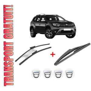 Set 3 stergatoare DACIA DUSTER (HM_) din 2017, pentru parbriz si luneta fata si spate auto, Valeo Silencio, din cauciuc siliconat rezistent, 4 Stickere Auto DACIA
