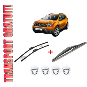 Set 3 stergatoare DACIA DUSTER SUV Van din 2011 - 2018, pentru parbriz si luneta fata si spate auto, Bosch Twin, din cauciuc siliconat rezistent, 4 Stickere Auto DACIA