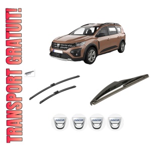 Set 3 stergatoare DACIA JOGGER (RK_) din 2021-2023, pentru parbriz si luneta fata si spate auto, Bosch Twin-Aerotwin, din cauciuc siliconat rezistent, 4 Stickere Auto DACIA