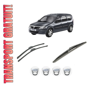 Set 3 stergatoare DACIA LOGAN MCV (KS_) din 2007-2013, pentru parbriz si luneta fata si spate auto, Bosch Twin-Aerotwin Retrofit, din cauciuc siliconat rezistent, 4 Stickere Auto DACIA
