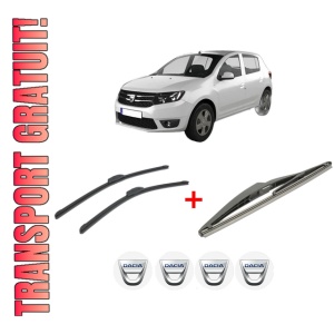 Set 3 stergatoare DACIA SANDERO II din 2012, pentru parbriz si luneta fata si spate auto, Bosch Twin, din cauciuc siliconat rezistent, 4 Stickere Auto DACIA