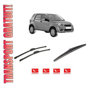 Set 3 stergatoare DAIHATSU TERIOS (J2_, F7__) din 2005-2010, pentru parbriz si luneta fata si spate auto, Bosch Twin-Aerotwin Retrofit, din cauciuc siliconat rezistent, 4 Stickere Auto DAIHATSU
