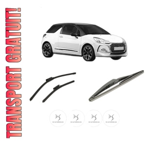 Set 3 stergatoare DS DS 3 (SA_) din 2015-2019, pentru parbriz si luneta fata si spate auto, Bosch Twin-Aerotwin, din cauciuc siliconat rezistent, 4 Stickere Auto DS
