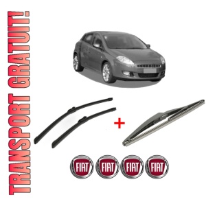 Set 3 stergatoare FIAT BRAVO Van (198_) din 2008 - 2014, pentru parbriz si luneta fata si spate auto, Bosch Twin, din cauciuc siliconat rezistent, 4 Stickere Auto FIAT