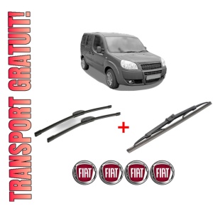 Set 3 stergatoare FIAT DOBLO MPV (119_, 223_) din 2001 - 2009, pentru parbriz si luneta fata si spate auto, Bosch Twin, din cauciuc siliconat rezistent, 4 Stickere Auto FIAT