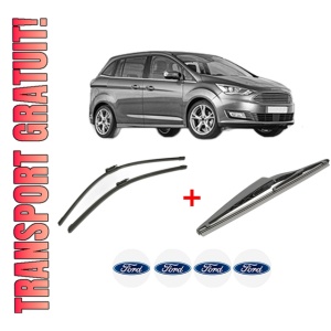 Set 3 stergatoare FORD C-MAX II Van din 2010 - 2019, pentru parbriz si luneta fata si spate auto, Bosch Twin, din cauciuc siliconat rezistent, 4 Stickere Auto FORD