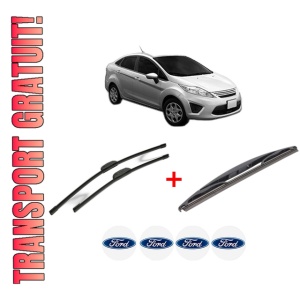 Set 3 stergatoare FORD FIESTA Saloon din 2002 - 2017, pentru parbriz si luneta fata si spate auto, Bosch Twin, din cauciuc siliconat rezistent, 4 Stickere Auto FORD