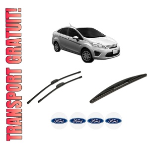 Set 3 stergatoare FORD FIESTA Saloon din 2002-2017, pentru parbriz si luneta fata si spate auto, Bosch Twin-Aerotwin Retrofit, din cauciuc siliconat rezistent, 4 Stickere Auto FORD