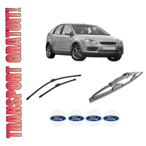 Set 3 stergatoare FORD FOCUS II (DA_, HCP, DP) din 2004-2012, pentru parbriz si luneta fata si spate auto, Bosch Twin-Aerotwin, din cauciuc siliconat rezistent, 4 Stickere Auto FORD