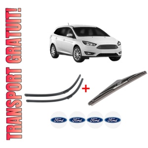 Set 3 stergatoare FORD FOCUS III Estate Van din 2012 - 2020, pentru parbriz si luneta fata si spate auto, Bosch Twin, din cauciuc siliconat rezistent, 4 Stickere Auto FORD