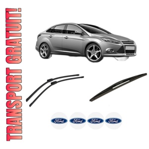 Set 3 stergatoare FORD FOCUS III Saloon din 2010-2020, pentru parbriz si luneta fata si spate auto, Bosch Twin-Aerotwin Multi, din cauciuc siliconat rezistent, 4 Stickere Auto FORD